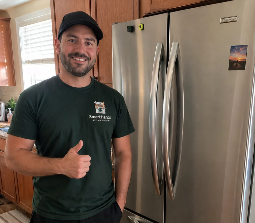 a technician standing next to a repaired refrigerator