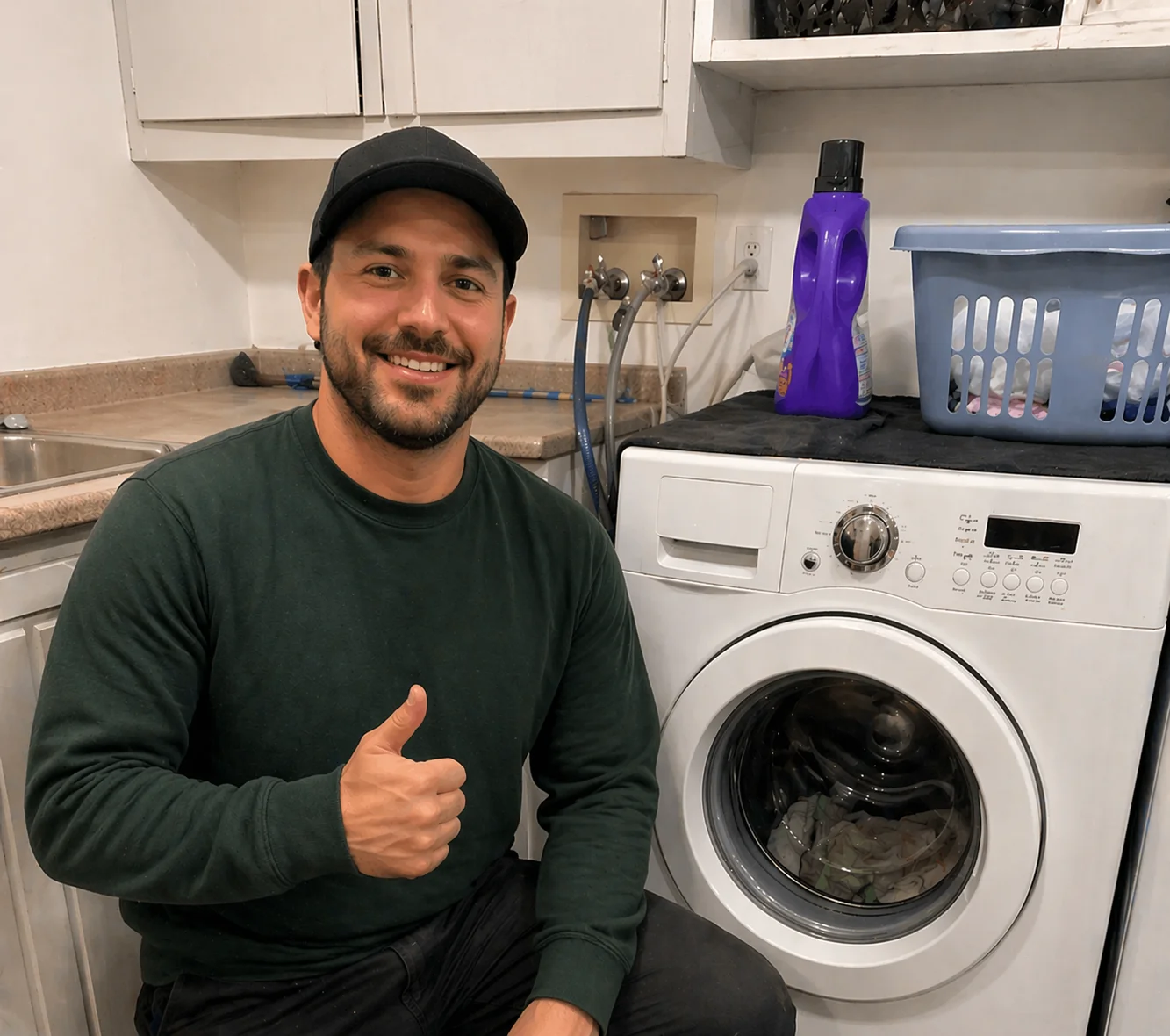 A man is repairing a washing machine